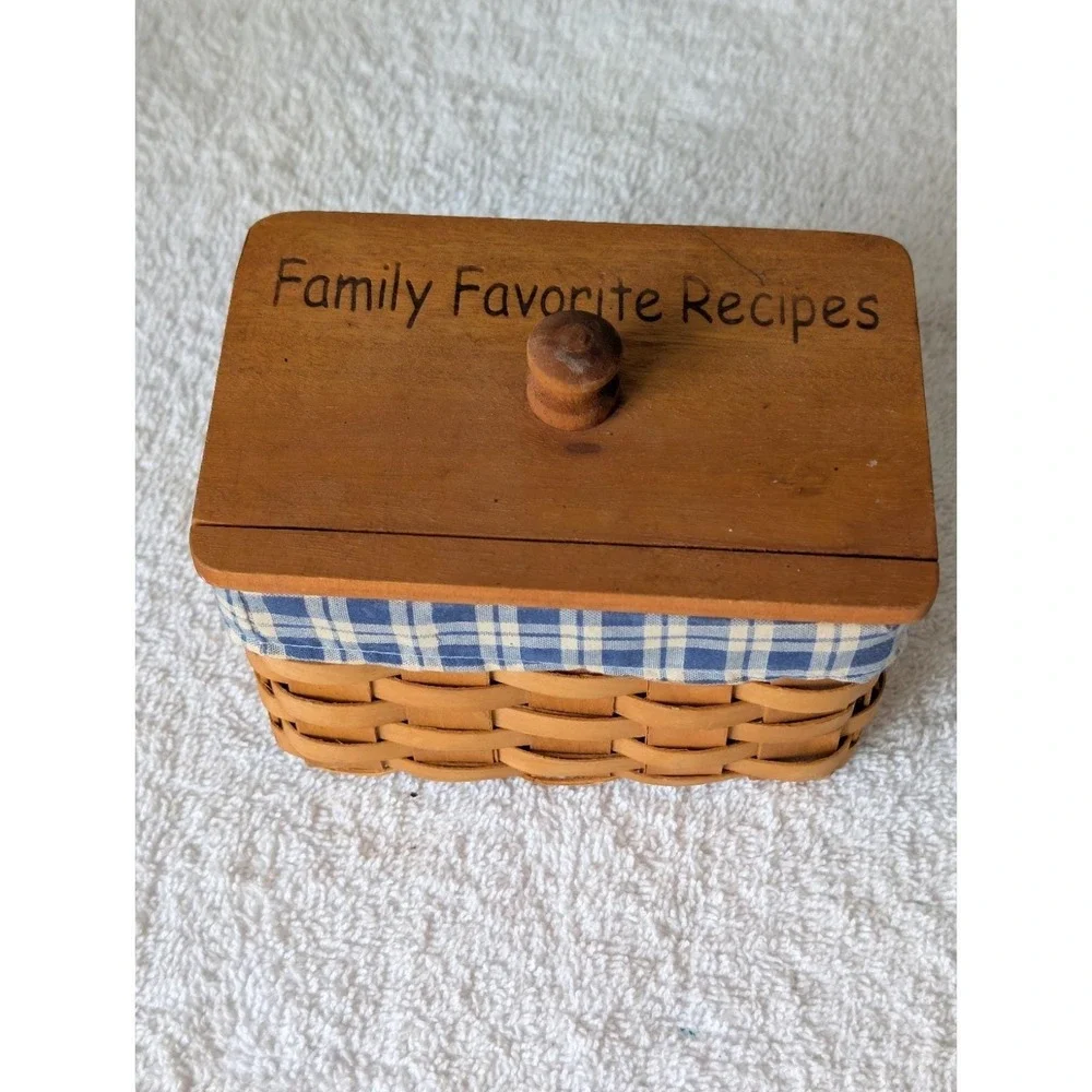 VTG Wooden Woven Favorite Recipe Basket Box Plaid Liner Cottage Core Farmhouse